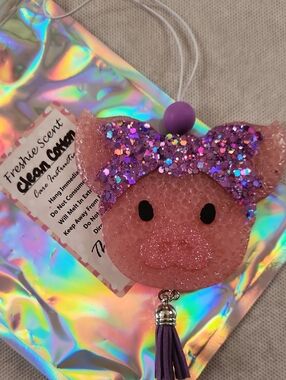 Pink Glitter Pig Car Freshie Purple Bow & Tassel